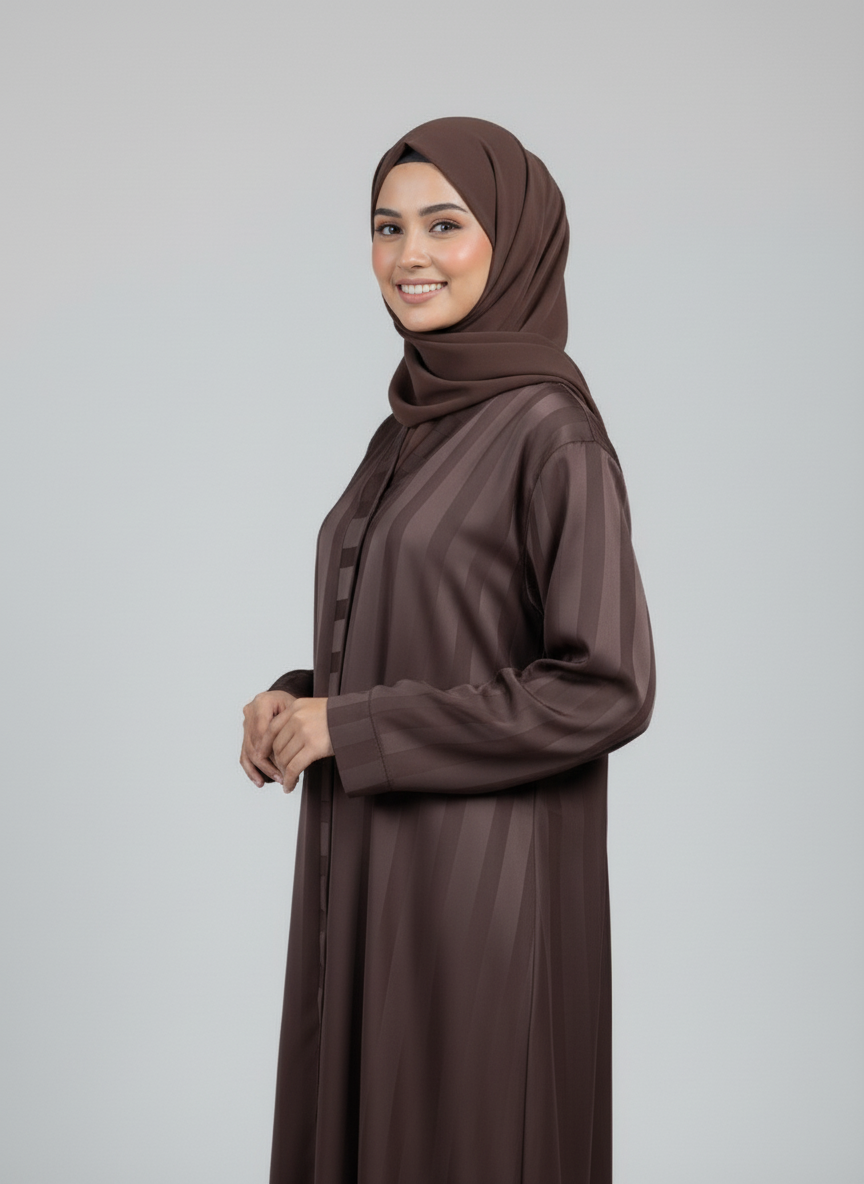 Woman wearing a brown abaya and hijab on a gray background