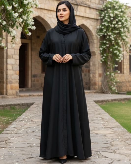 Woman in a black abaya standing in front of a stone building with floral decorations.