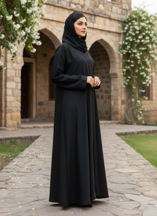 Black V-Neck Open-Front Abaya