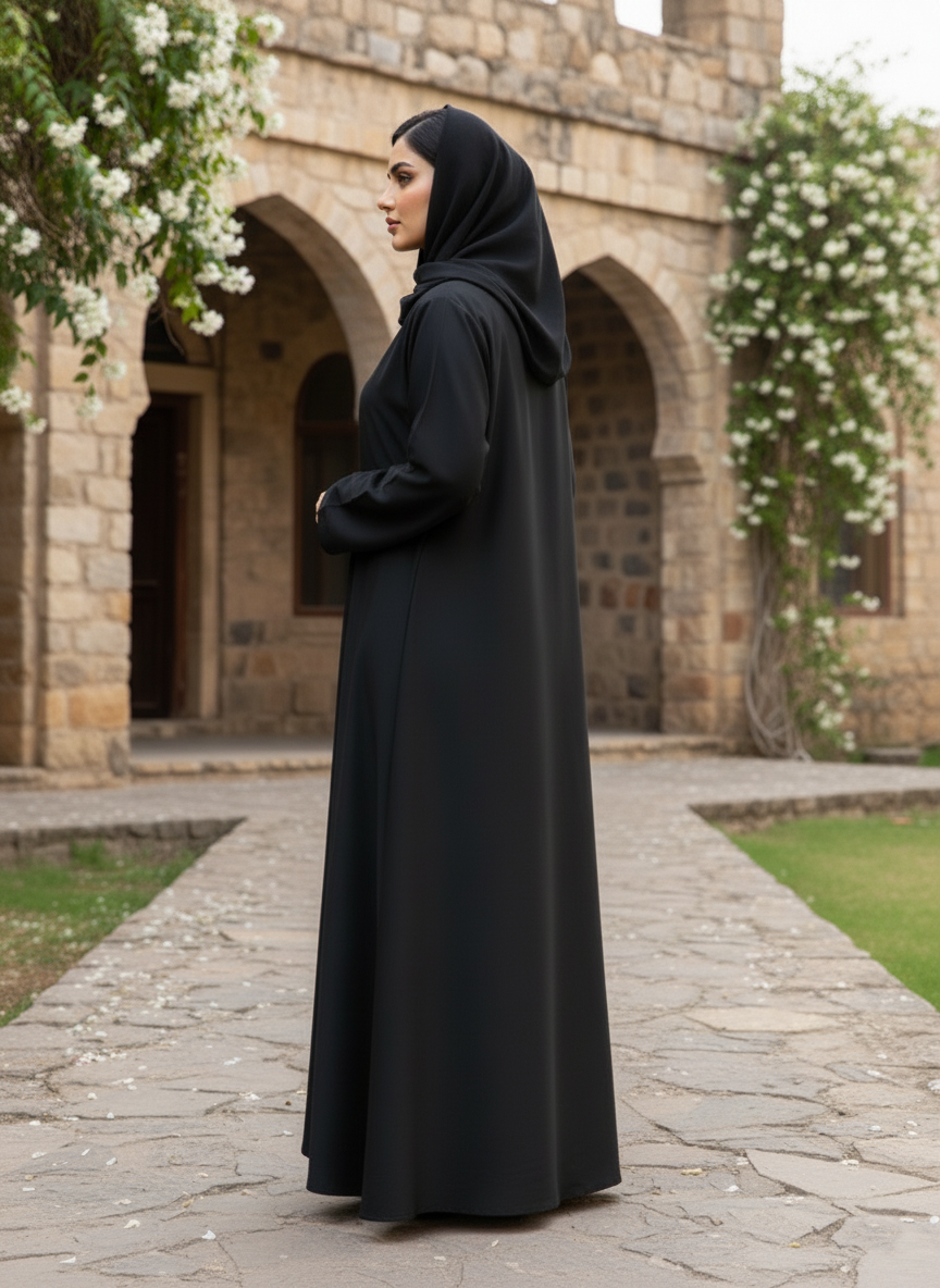 Black V-Neck Open-Front Abaya