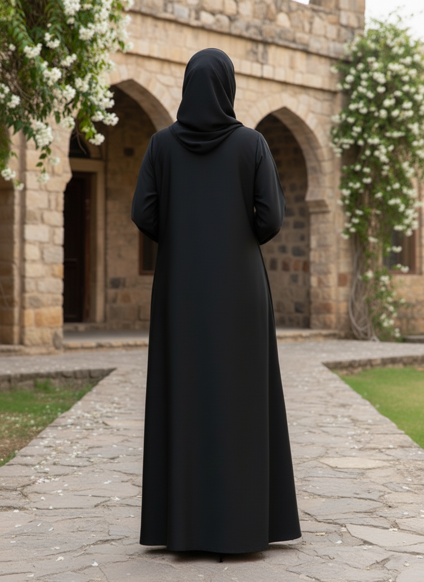 Black V-Neck Open-Front Abaya