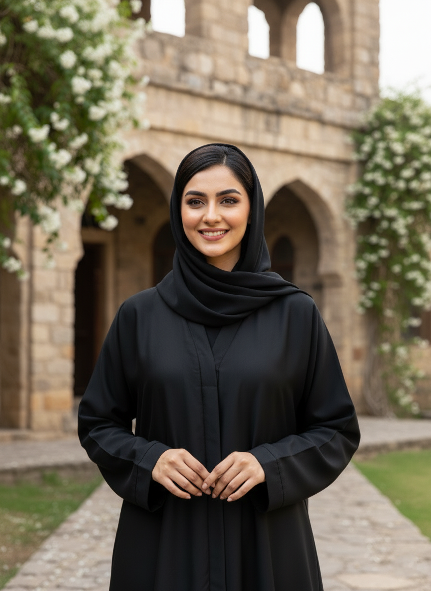 Black V-Neck Open-Front Abaya