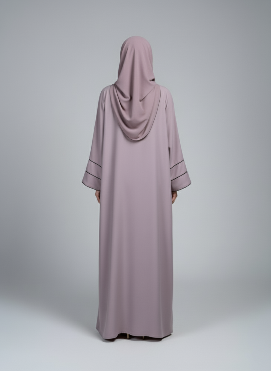 Lilac Contrast Piping Open-Front Abaya