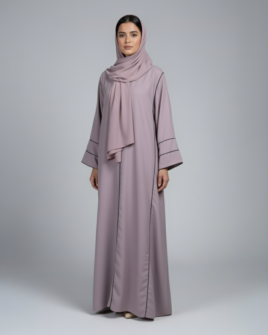 Woman wearing a long mauve dress with a matching hijab on a gray background