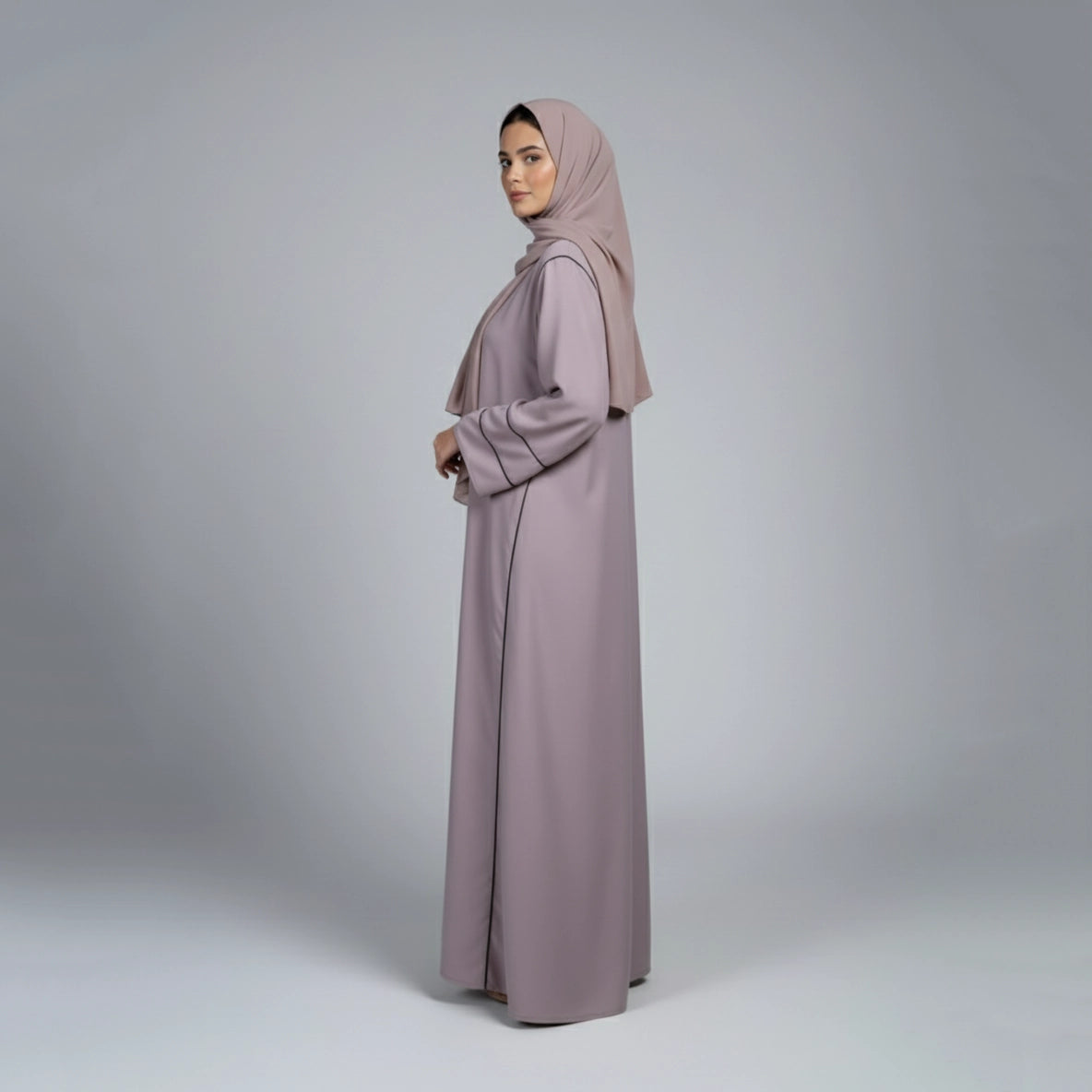 Lilac Contrast Piping Open-Front Abaya