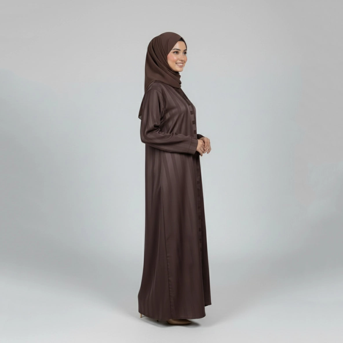 Brown Pinstripe Open-Front Lining Abaya