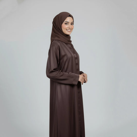 Brown Pinstripe Open-Front Lining Abaya