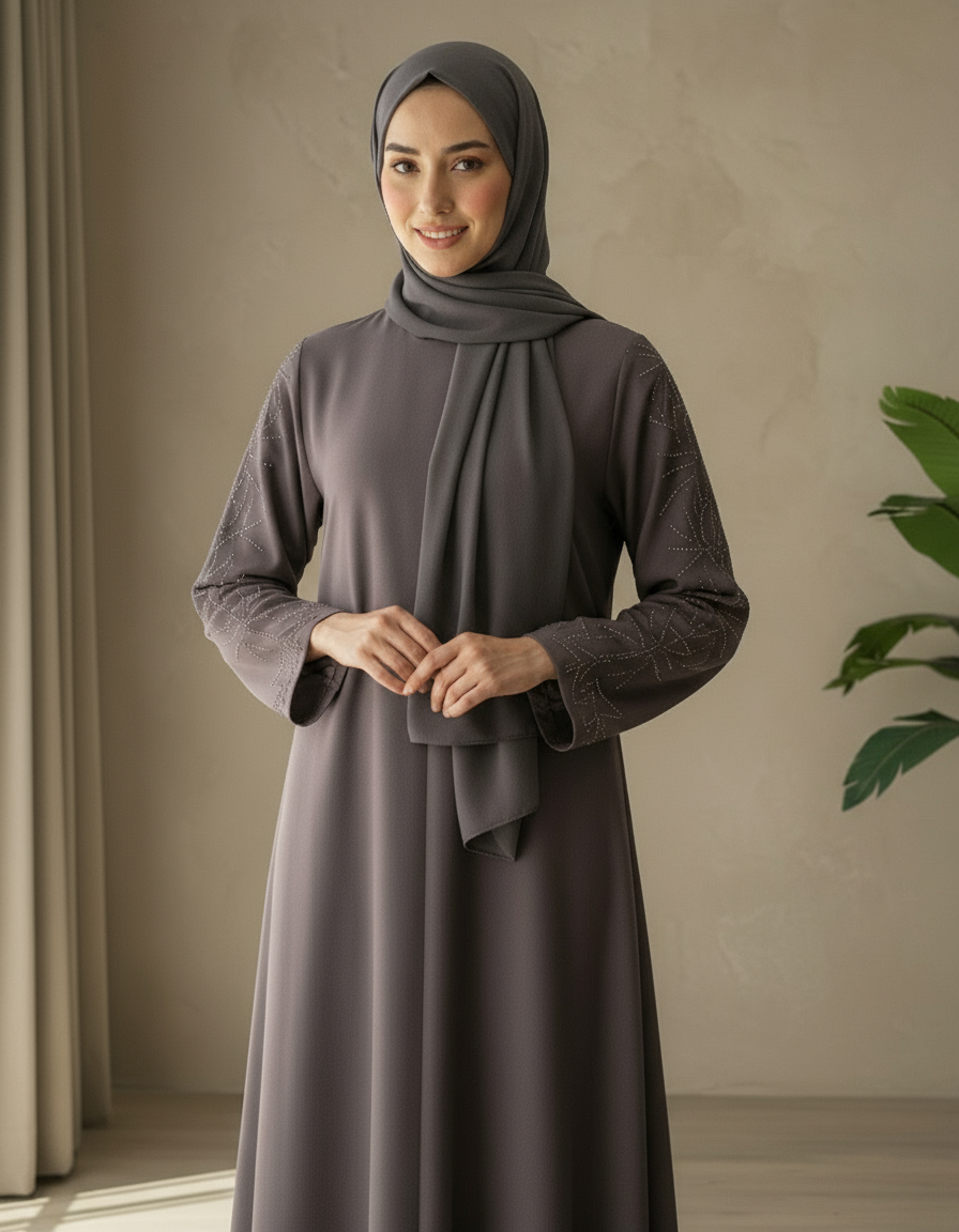 Woman wearing a long dark brown dress and hijab against a beige wall.