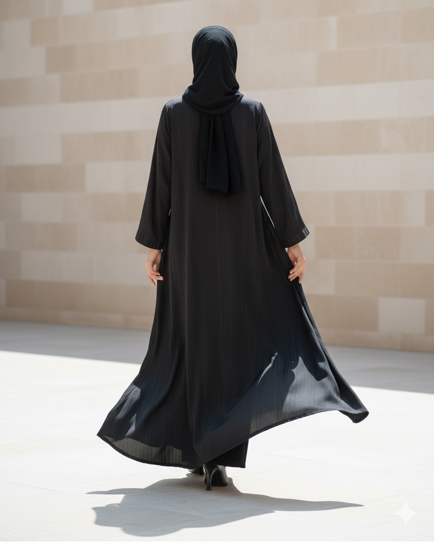 Person wearing a black abaya and hijab standing against a beige wall.