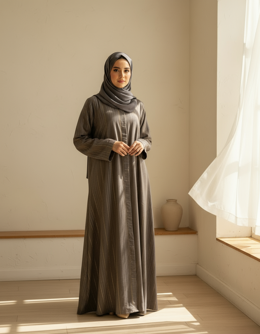 Woman in a long, dark gray dress standing in a sunlit room with a neutral color palette.