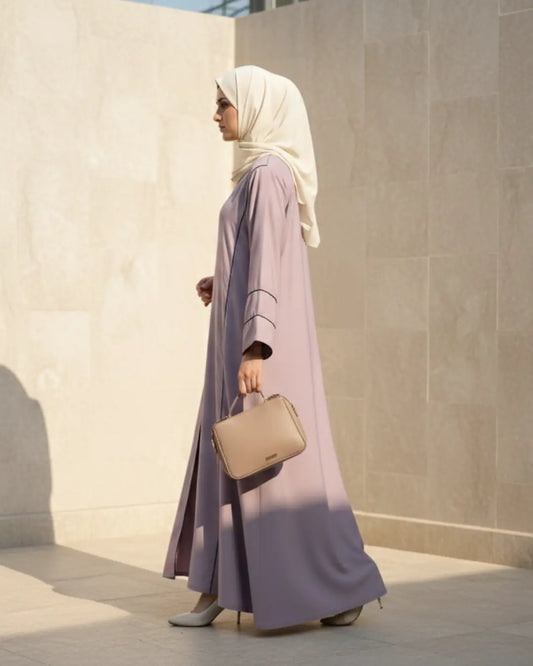 Lilac Contrast Piping Open-Front Abaya