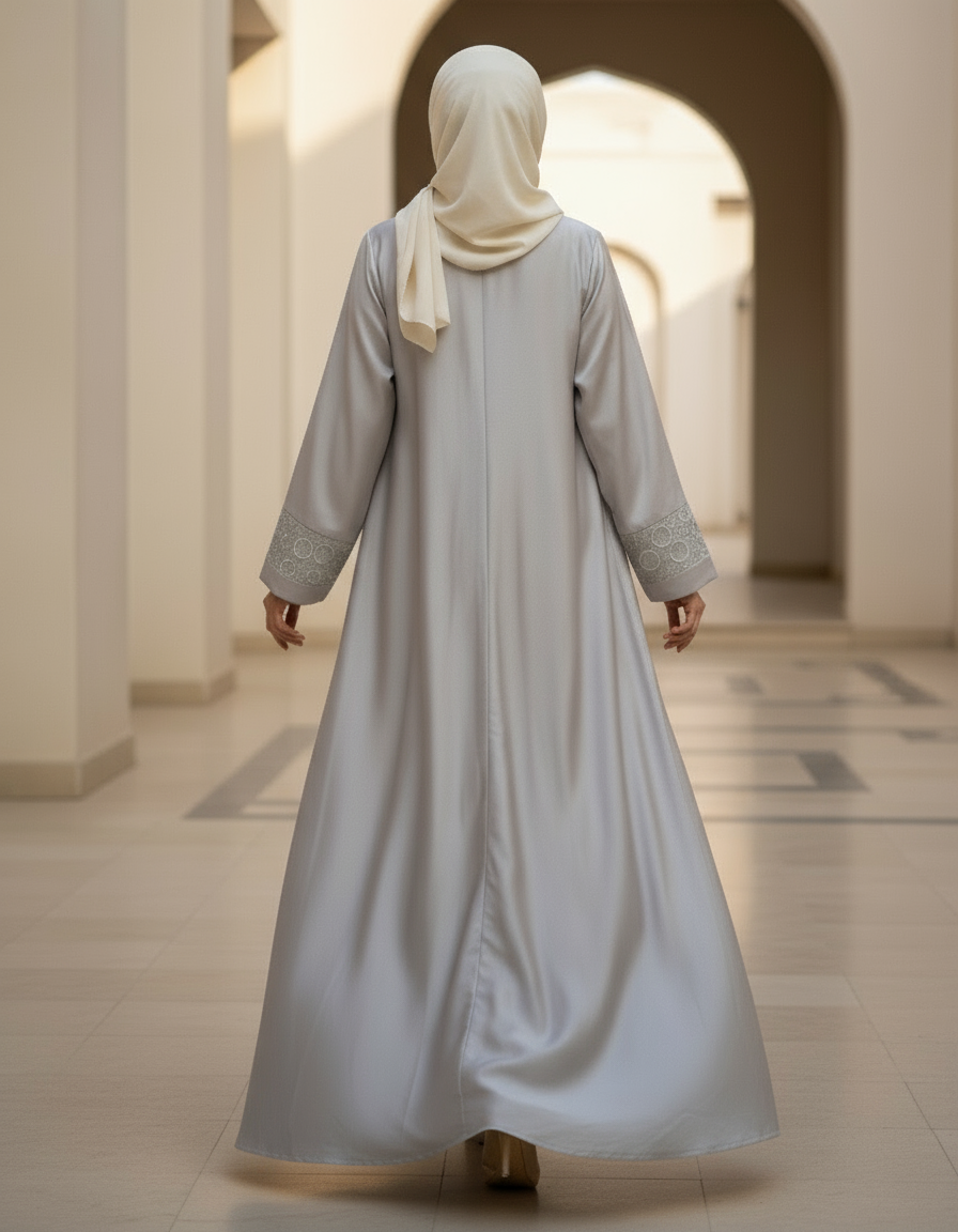 Person wearing a long light gray dress and hijab walking through a sunlit hallway with arches.