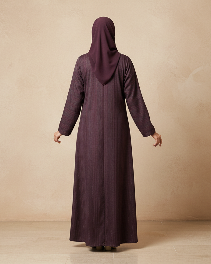 Person wearing a long, dark purple abaya against a beige background