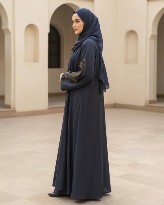 Charcoal Gray Handwork Open-Front Abaya