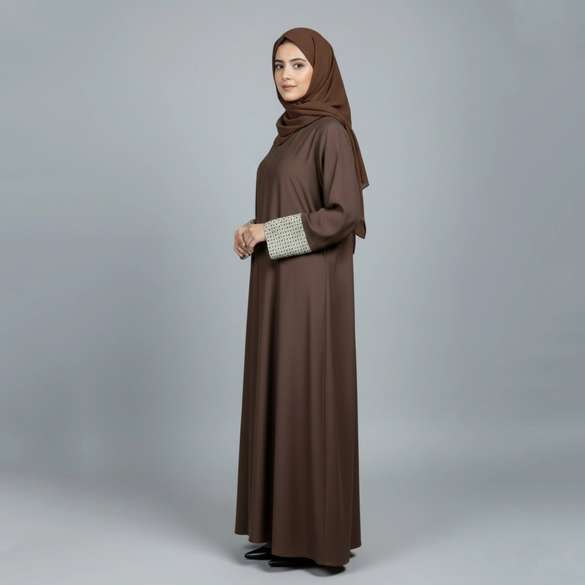 Brown Abaya with Geometric Patterned Cuffs