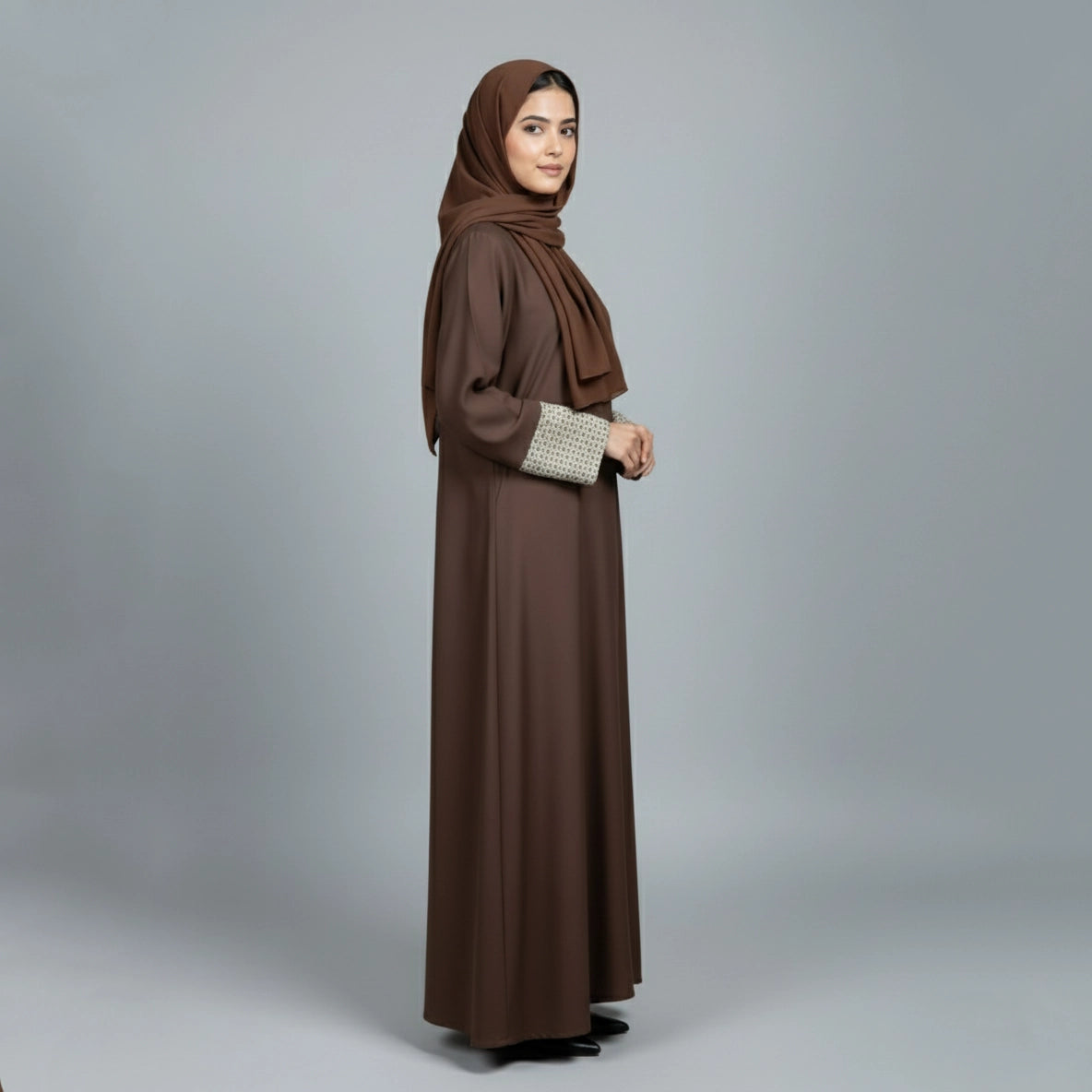 Brown Abaya with Geometric Patterned Cuffs