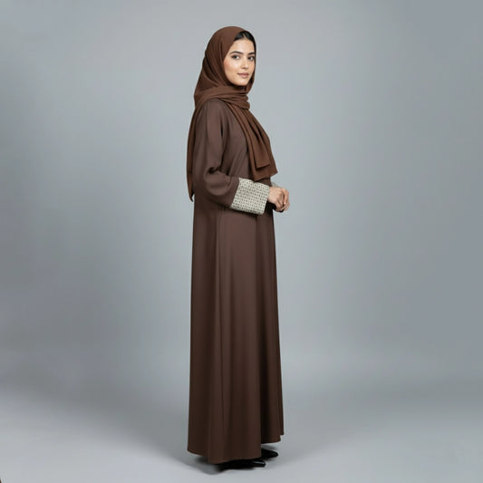 Brown Abaya with Geometric Patterned Cuffs