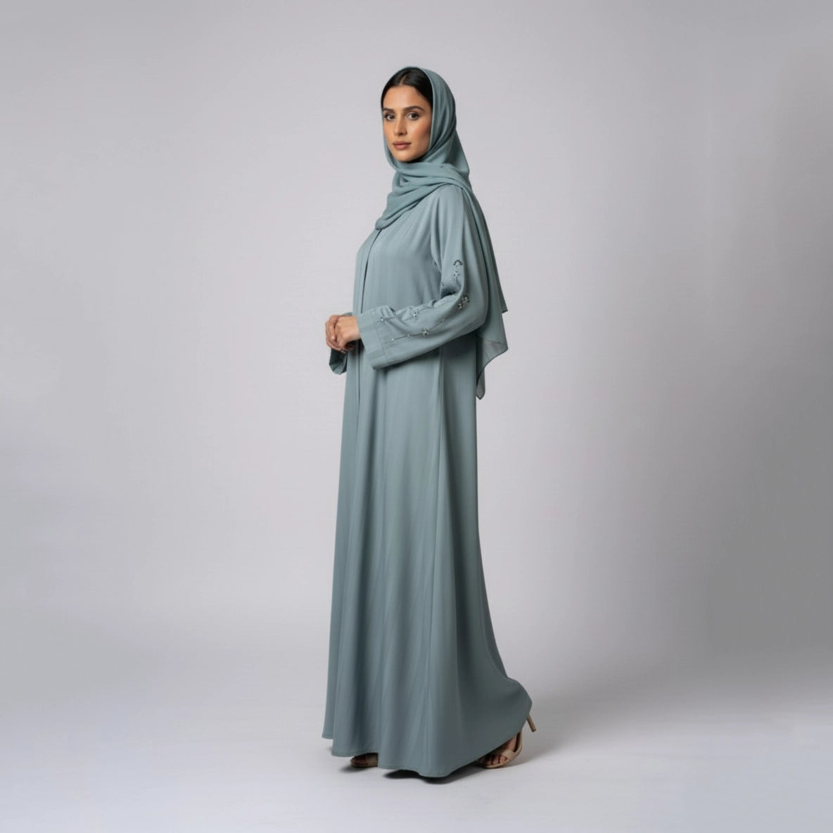 Sage Green Handwork Open Abaya