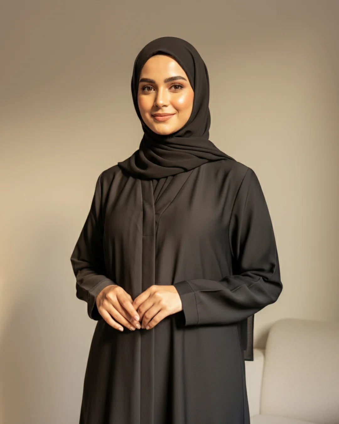 Black V-Neck Open-Front Abaya
