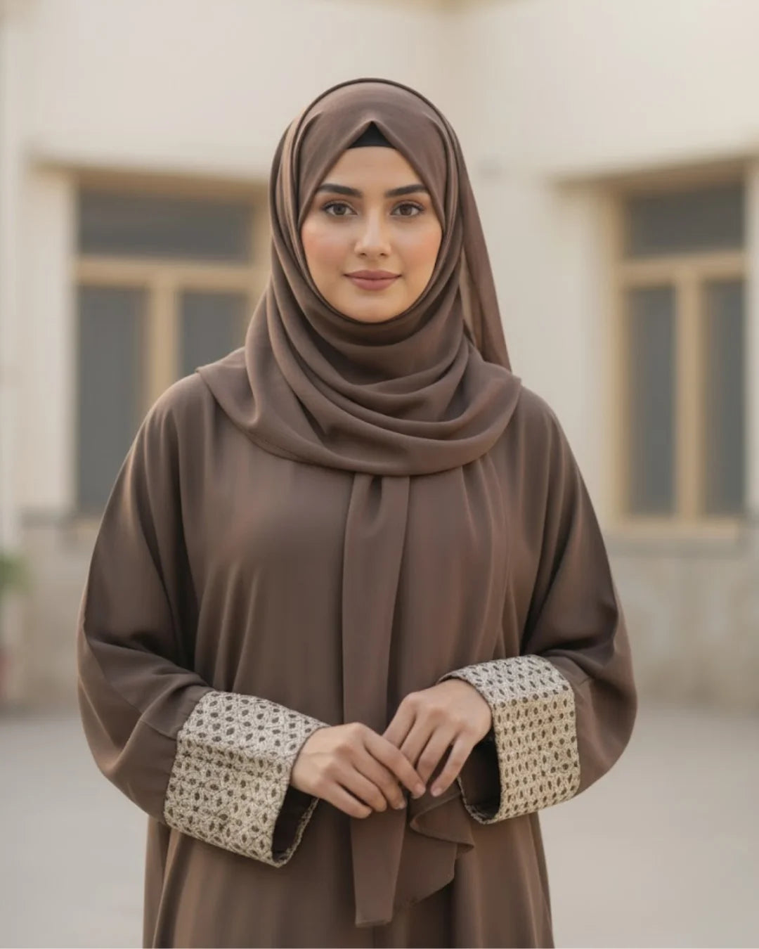 Brown Abaya with Geometric Patterned Cuffs