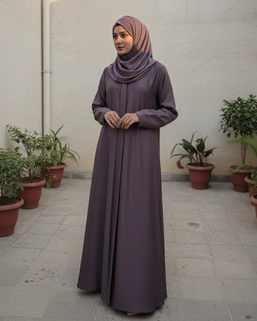 Dusky Purple V-Neck Open-Front Abaya