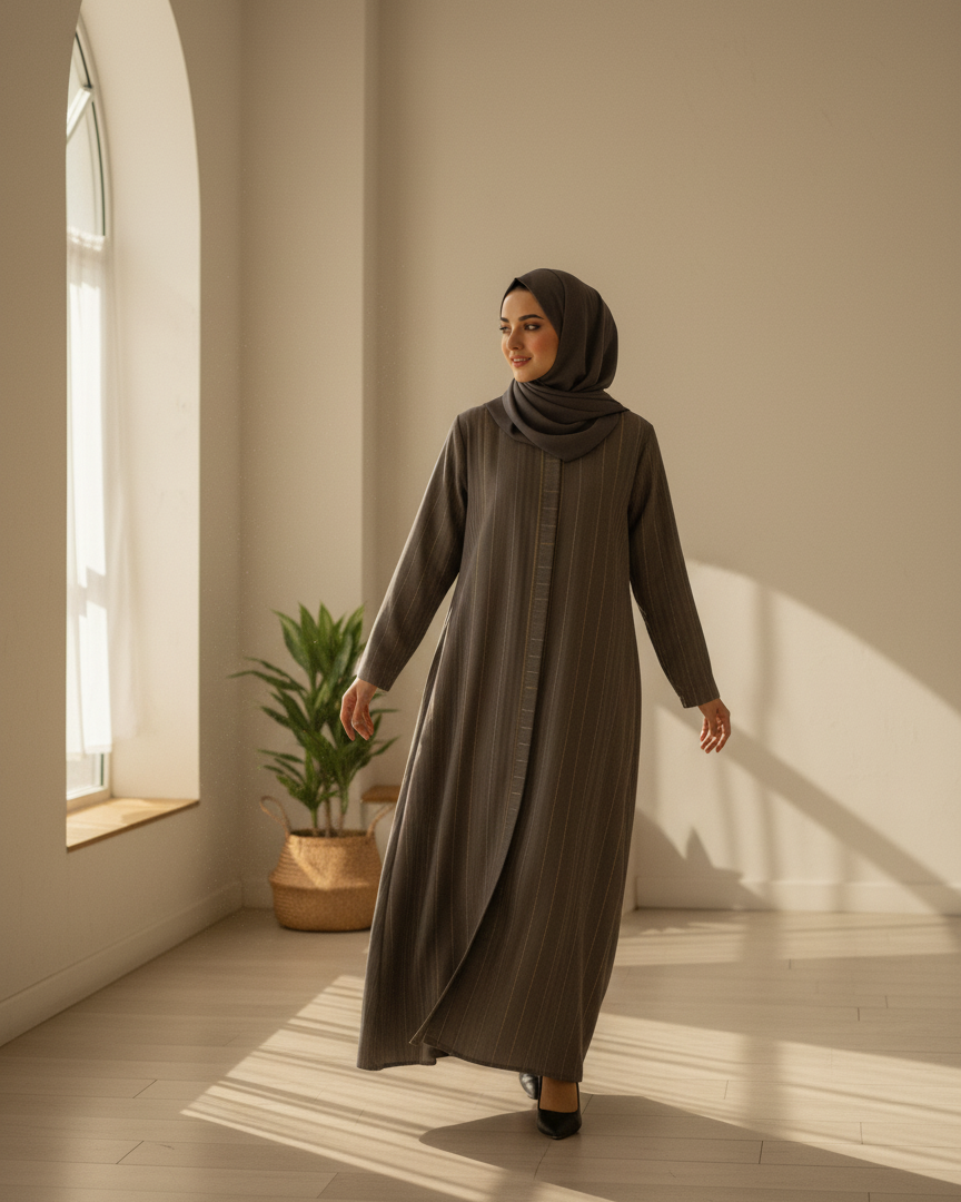 Woman in a long, dark brown dress standing in a sunlit room with a plant in the background.