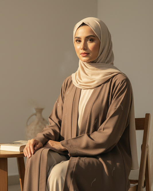 Woman in a hijab sitting in a room with a wooden table and books.