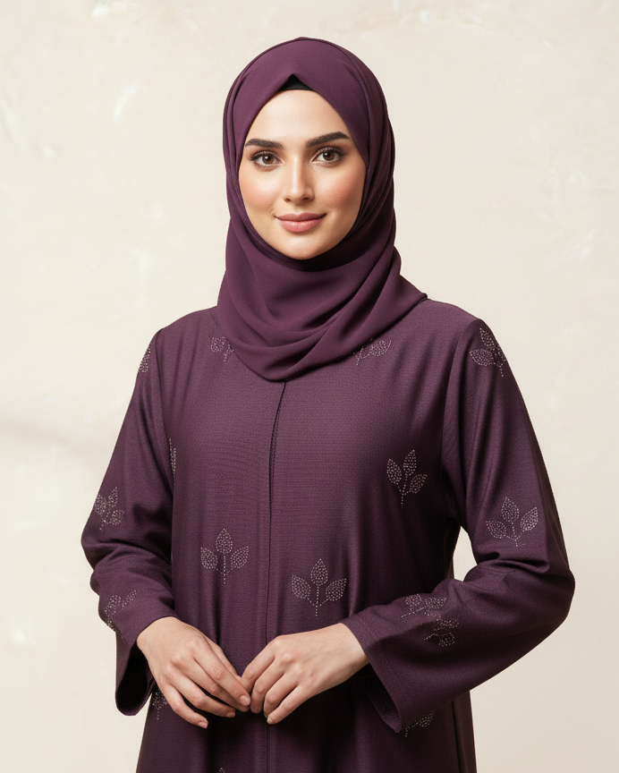 Woman wearing a purple abaya with floral embroidery on a light beige background