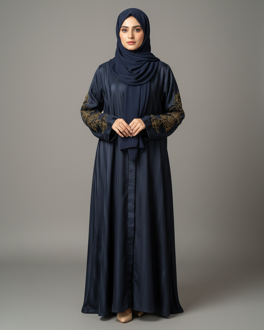 Woman wearing a dark blue abaya with floral patterns on a gray background