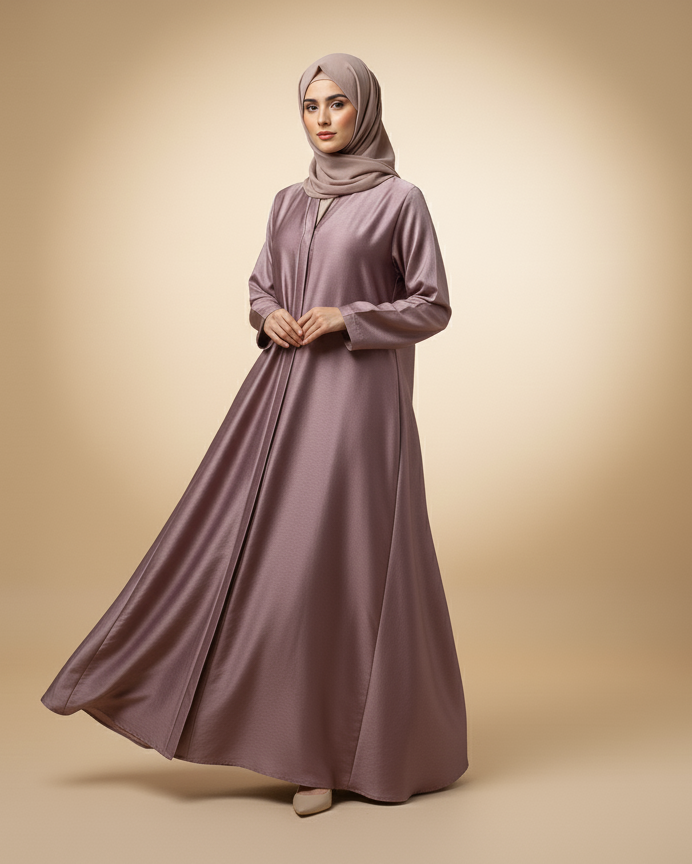 Woman wearing a long, light purple dress and hijab on a beige background