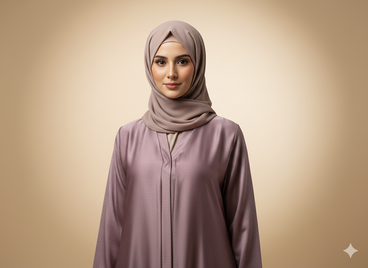 Woman wearing a light purple abaya and hijab against a beige background