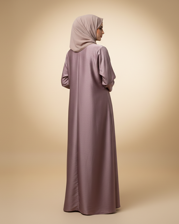 Woman wearing a long, light purple dress and hijab against a beige background