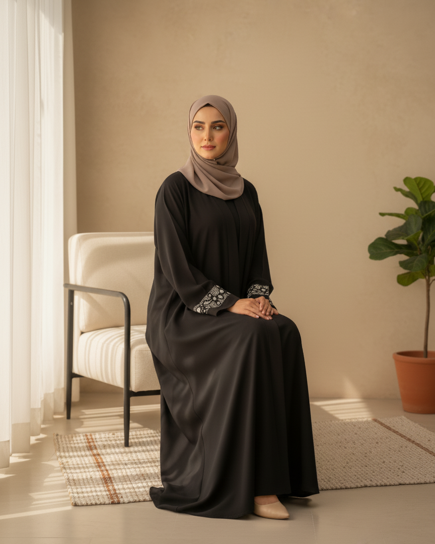Woman in a black abaya sitting in a room with a plant and chair.