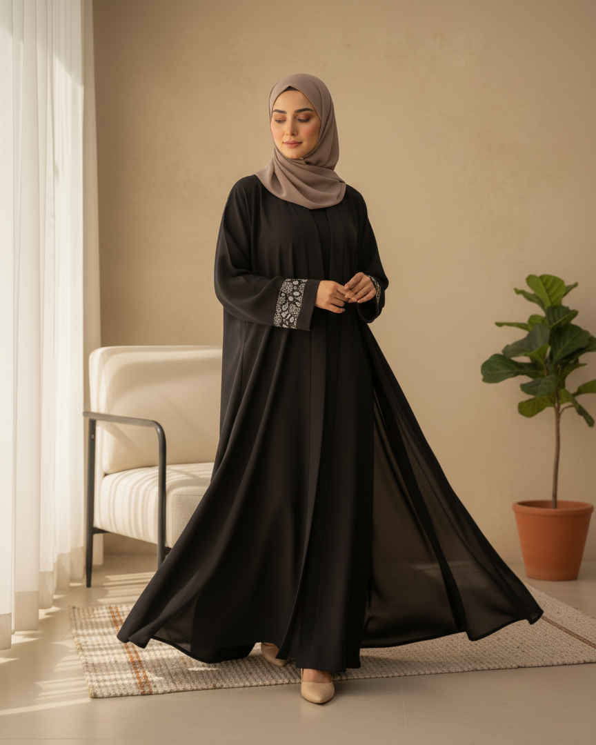 Woman wearing a black dress with embroidery in a room with a beige wall and a plant.