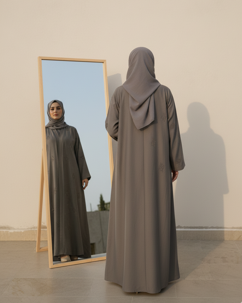 Woman wearing a long, dark brown abaya standing in front of a mirror.