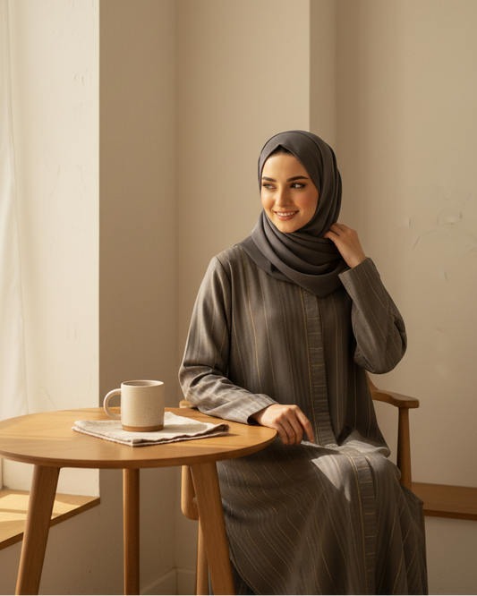 Woman sitting at a wooden table with a cup and newspaper, wearing a hijab in a room with neutral walls.