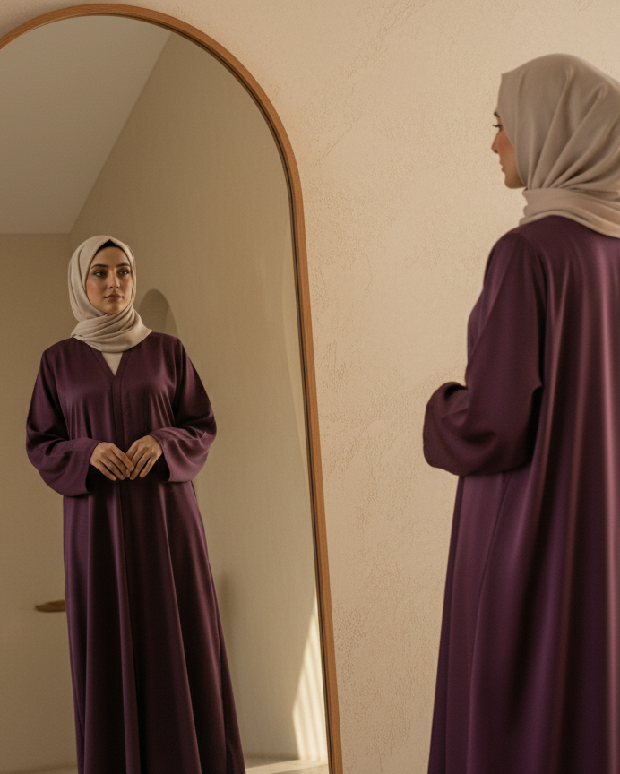 Woman in a purple dress and hijab standing in front of a mirror.