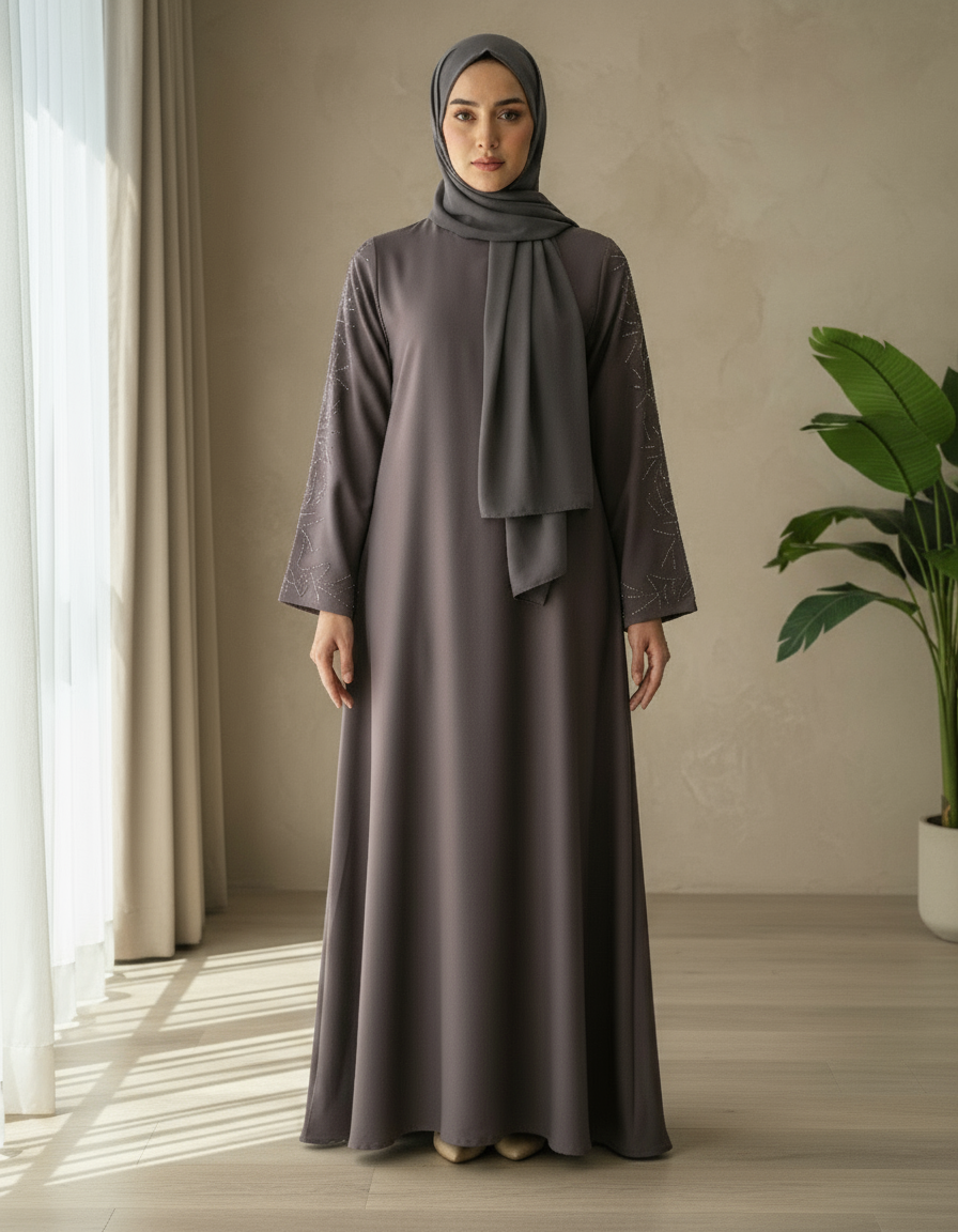 Woman wearing a long, dark brown dress and hijab standing in a well-lit room with a plant.
