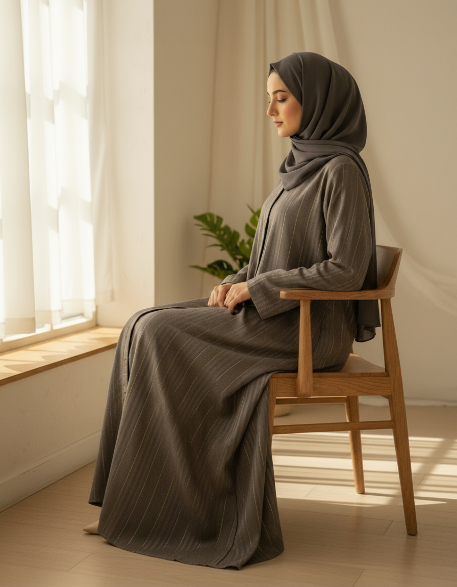 Woman in a gray hijab and dress sitting on a wooden chair by a window.