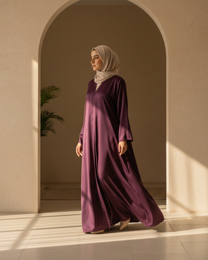 Woman in a long purple dress and hijab standing in a sunlit room with an archway.