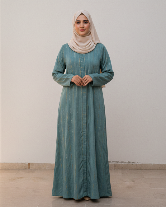 Woman wearing a teal dress and beige hijab standing against a white wall.