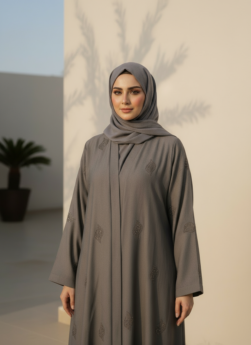 Woman wearing a gray abaya with intricate designs against a neutral background