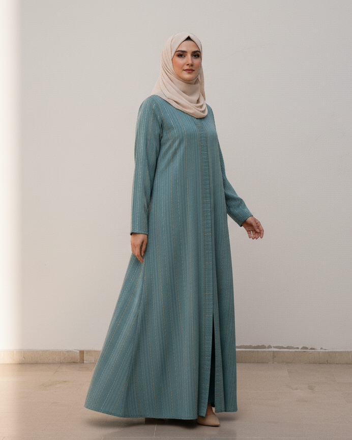 Woman wearing a long teal dress with a matching hijab in a minimalistic setting.