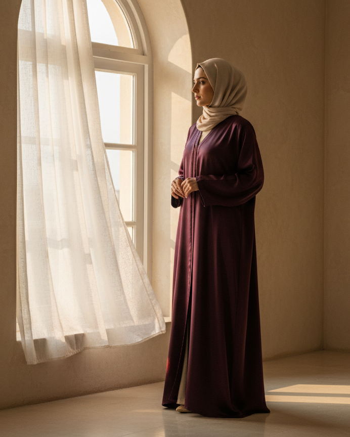 Woman in a long dark dress and hijab standing by a window with light filtering through.
