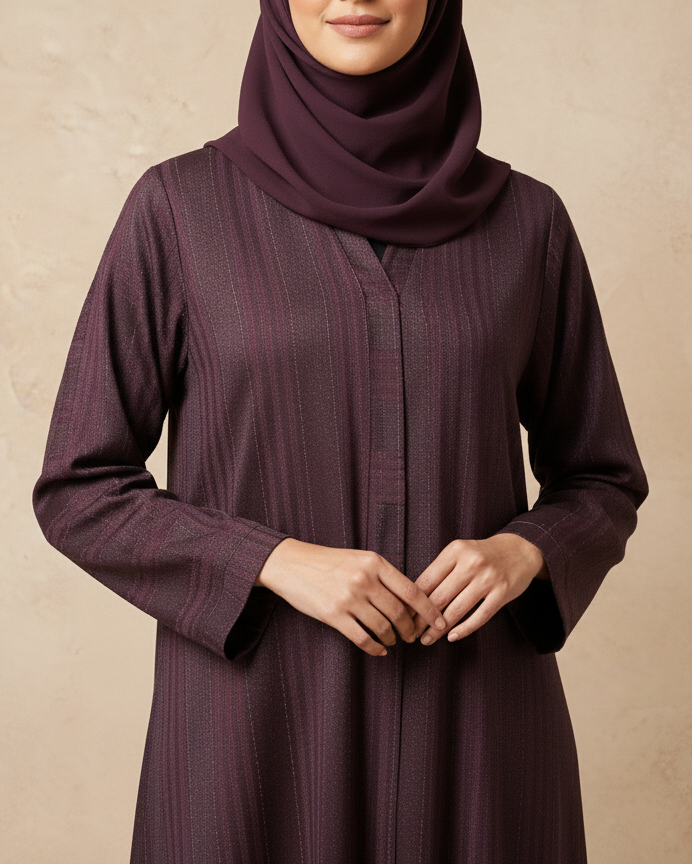 Person wearing a dark purple dress and hijab against a beige background