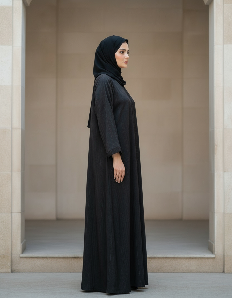 Woman wearing a black abaya standing in an architectural setting