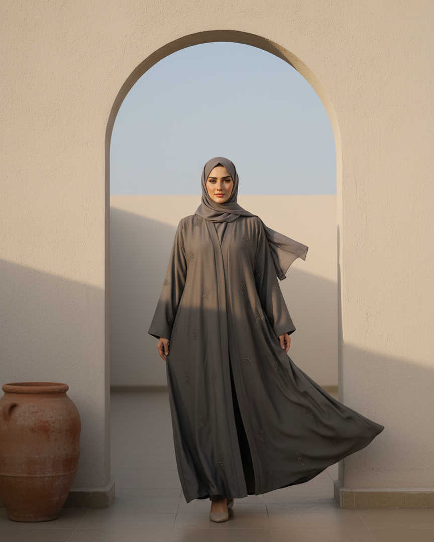 Woman in a long, flowing dress standing in front of an archway with a desert view.