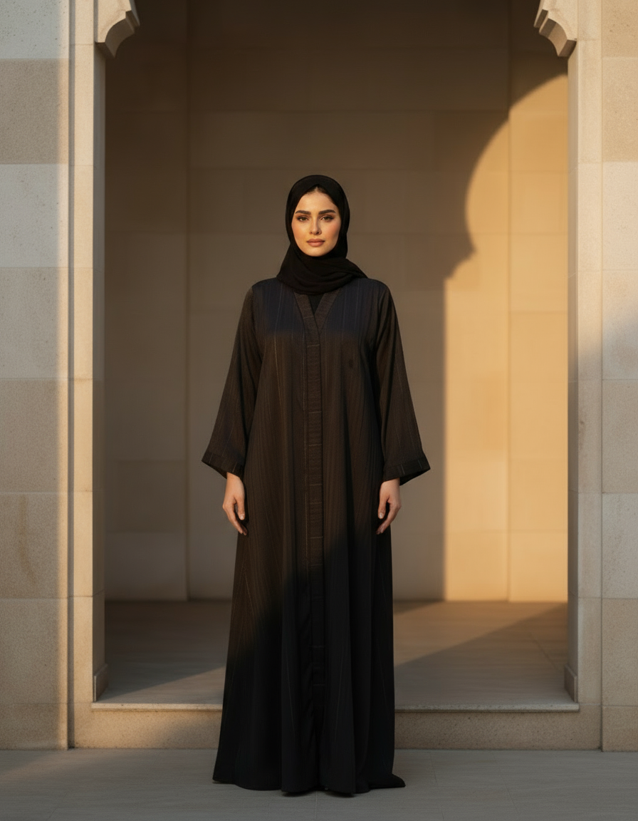 Woman wearing a black abaya standing in front of a stone archway.