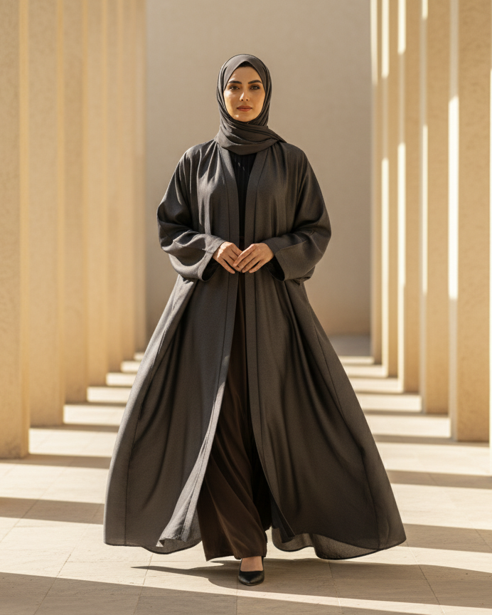 Woman in a black abaya standing in a sunlit architectural setting with columns.