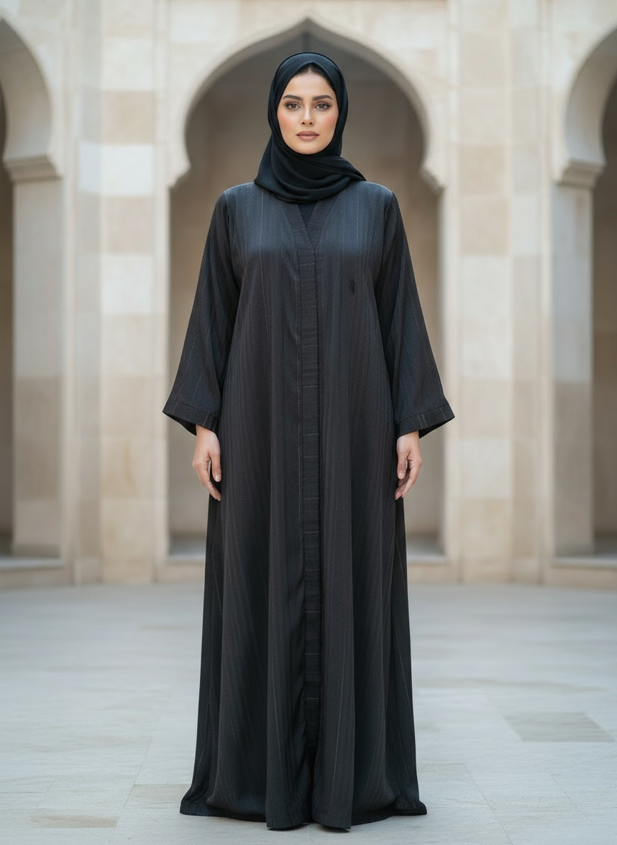Woman wearing a black abaya in an arched architectural setting